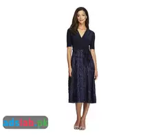 Alex Evenings Women's Tea Length Dress with Rosette Detail (Petite and Regular)