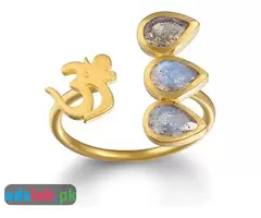 Satya Jewelry Labradorite Gold Om Adjustable Ring, Grey, One Size